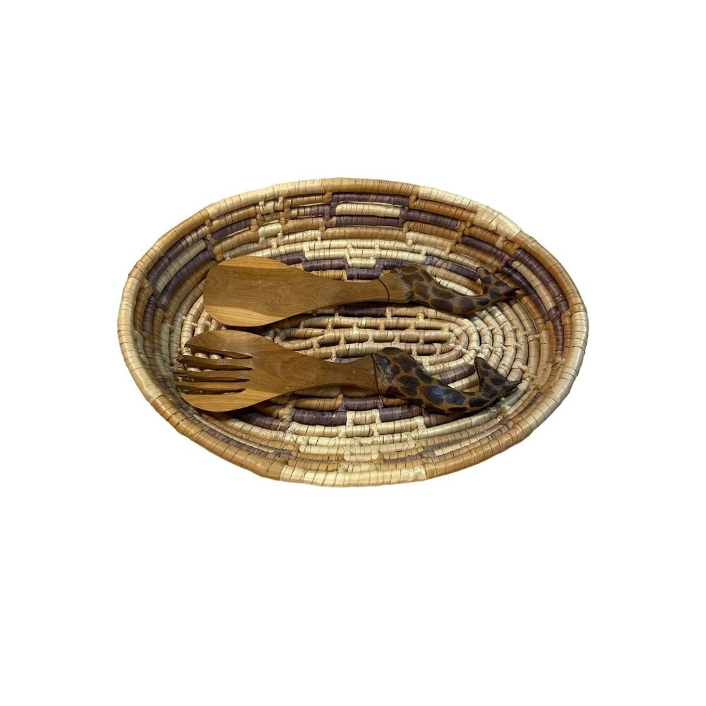 African Artisan Woven Basket with Handcarved Giraffe Serving Fork and Spoon